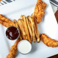 Chicken Strips · 4 hand breaded crispy chicken strips served with dipping sauce & fries, house salad or soup.