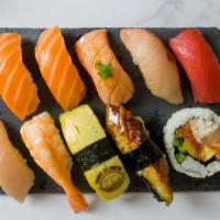 Nigiri Set B · 2 pieces of Salmon, 1 piece of Seared Salmon, Yellowtail, Tuna, Albacore, Shrimp, Japanese s...