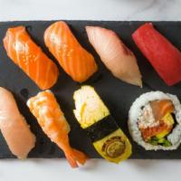 Nigiri Set A · 2 pieces of Salmon, 1 piece of Yellowtail, Tuna, Albacore, Shrimp, Japanese sweet omelet nig...