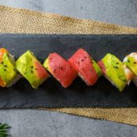 Rainbow Roll · California roll topped with salmon, tuna, shrimp and avocado