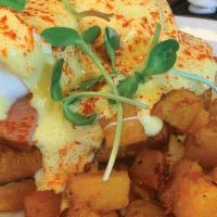 Lbc Benedict · english muffin bread, poached eggs, hollandaise, River Bear ham served with yellow potatoes,...