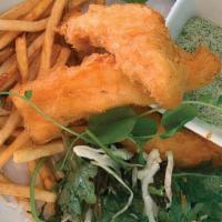Fish And Chips · Beer-battered fresh Alaskan cod, kale and cabbage salad, green goddess dressing, house-made ...