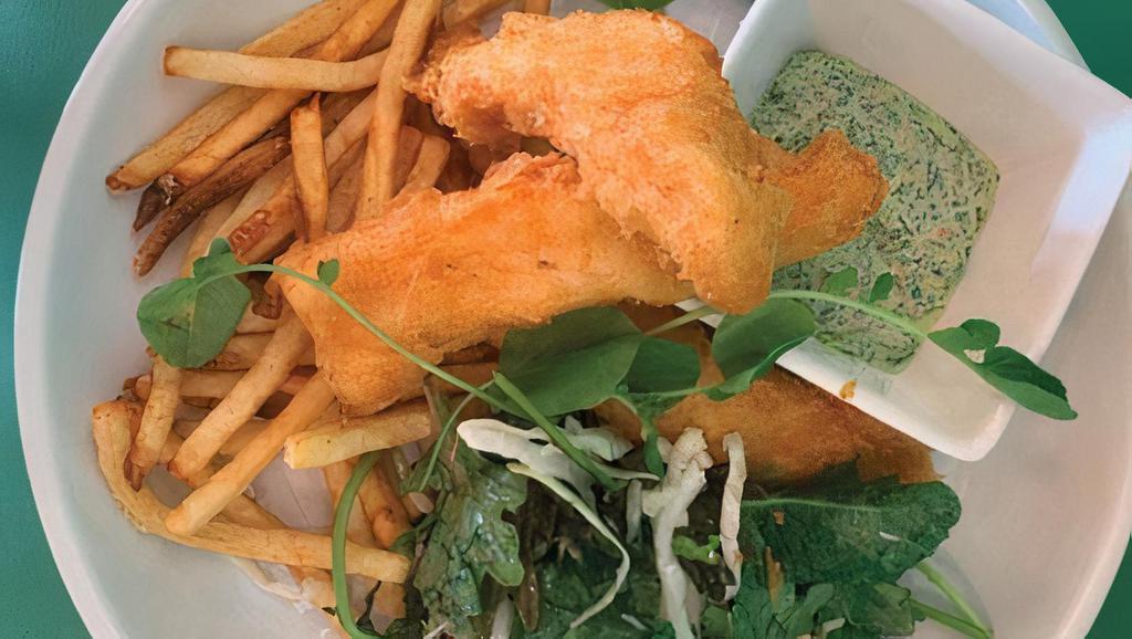 Fish And Chips · Beer-battered fresh Alaskan cod, kale and cabbage salad, green goddess dressing, house-made fries