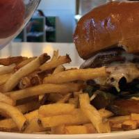 West Coast Burger · two locally raised beef patties, double white cheddar, house sauce, brioche bun, choice of s...
