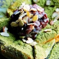 Green Tea Toast · matcha powder, red bean paste, almond, milk toast, rice cake, maple syrup.