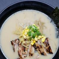 Chicken  Tonkotsu Ramen · Meat is Grilled Chicken, broth is a tori tonkotsu (Chicken and Pork base). Toppings are Bamb...