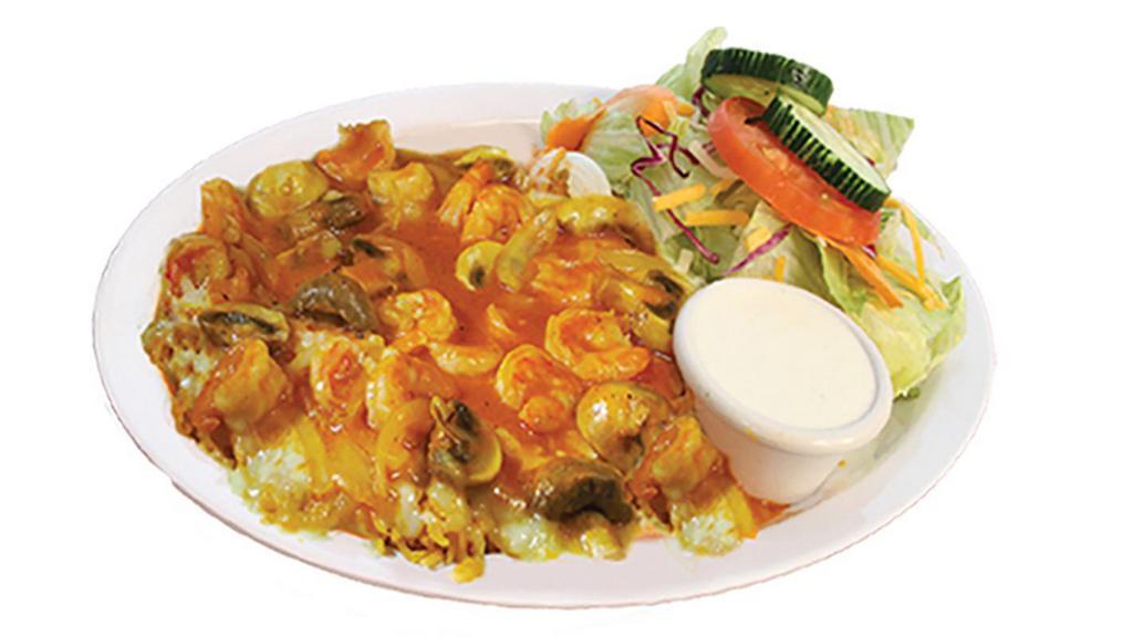 Arroz Con Camarones · With mushrooms and onions on a bed of rice and jack cheese, and salad.