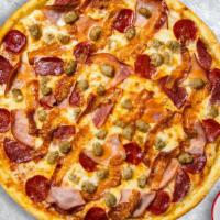 Meat Combo Pizza · Generous amounts of sausage, pepperoni, mozzarella, marinara, chopped garlic,  and extra vir...