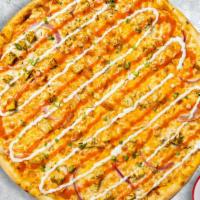 Buffalo Rider Pizza · Buffalo sauce, juicy chicken, mozzarella, marinara, chopped garlic, and extra virgin olive o...