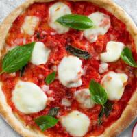 Maybe Margherita Pizza · Mozzarella, fresh tomato sauce, basil, and extra-virgin olive oil baked on a hand-tossed dou...