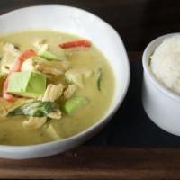 Gang Khiaw Waan (Served With Jasmine White Rice)
 · Homemade green curry, coconut milk, Thai eggplant, bell pepper, basil.