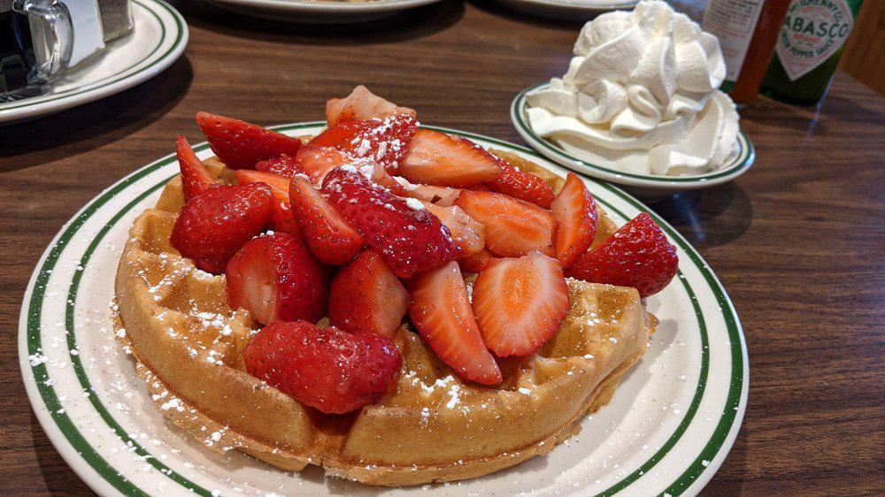 Strawberry Waffle · With strawberry compote, topped with whipped cream