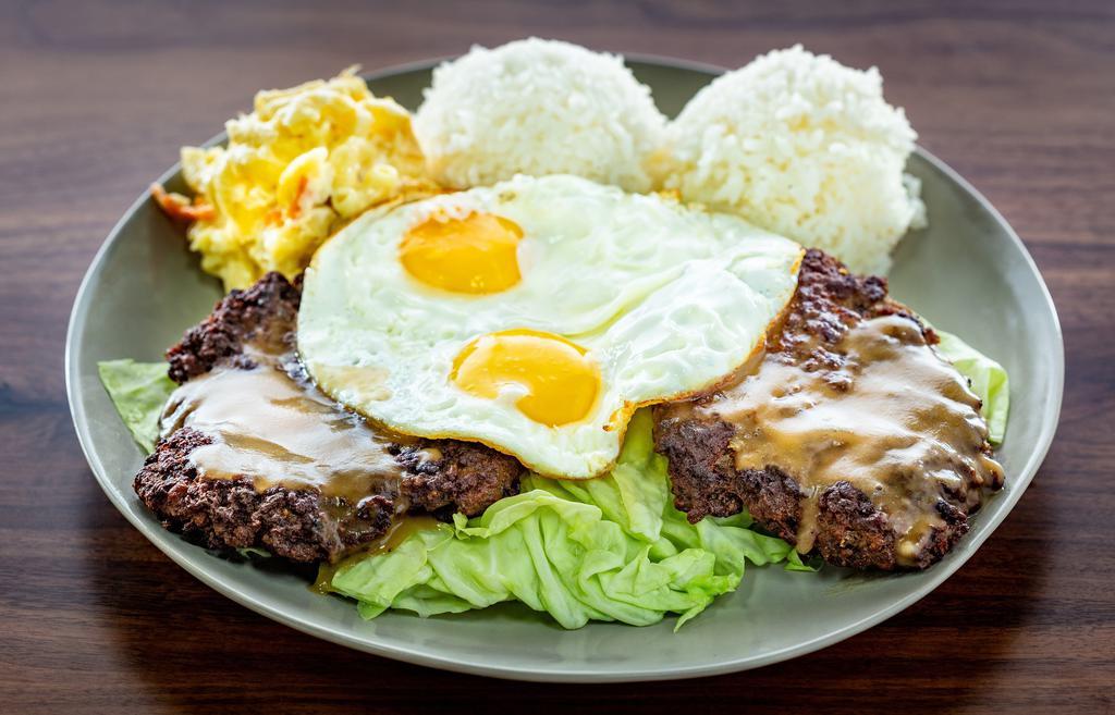 Loco Moco · An island flavor hamburger patties topped with fried egg covered with brown gravy. Served with macaroni salad and choice of brown rice or white rice.