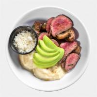 Killer Keto Bowl · Steak, Cauliflower Mash, Herbed Mushrooms, Feta and Avocado. ( 659 cal | 40 protein, 24 carb...