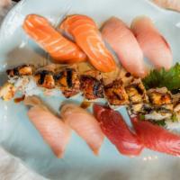 *Chef Plate · Two pieces each, tuna, hamachi, salmon, albacore nigiri, & Dragon roll.