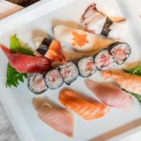 *Sam’S Plate · Hamachi, albacore, snapper, shrimp, tuna, hokki, tako, salmon nigiri & albacore roll.