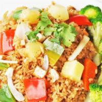 Happy Hawaiian Fried Rice · White rice, pineapple, red & green bell peppers, onions, tofu, v-ham, broccoli, cilantro, ou...