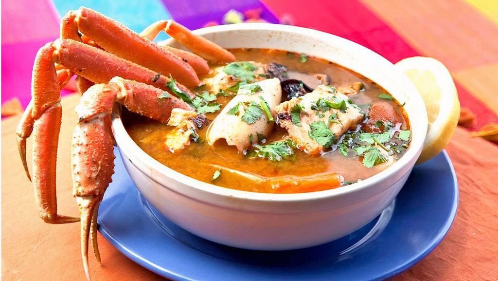 7 Mares Soup · Gluten-free. A combination of several seafood items; whitefish mixed in a scallops, mussels, shrimp, crab legs, and calamari in a tomato broth of onions, celery, zucchini, carrots, cabbage, and chipotle sauce.