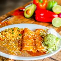 Enchiladas Rojas · Gluten-free. Two corn tortillas stuffed and rolled with your choice of, cheese, shredded chi...