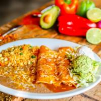Enchiladas Mexicanas · Gluten-free. Three shredded chicken enchiladas covered with queso dip, lettuce, tomatoes, so...