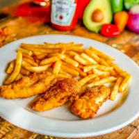 Kid Chicken Strips · Breaded and fried chicken strips with one side of your choice black beans, Mexican rice, or ...