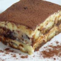 Tiramisu · Coffee cake filled with a layer of delicate tiramisu cream (made with mascarpone cheese and ...