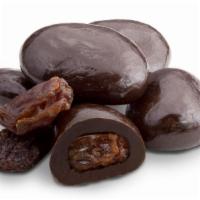 Dark Chocolate Raisins · Large California raisins coated in rich dark chocolate. Net Wt. 7 OZ bag.