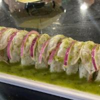 Aguachile Roll · Shrimp, cream cheese, cucumber and avocado, topped with aguachile verde.