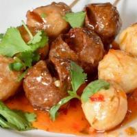 Deep Fried Meat Balls ลูกชิ้นทอด · Deep fried meat balls with sweet chili sauce. Choice of beef, pork, fish or combination.
