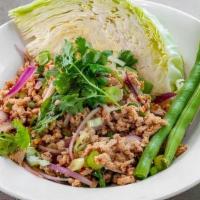 Larb / ลาบ 🔥Gf · Minced chicken or pork or beef with mint leaves, onions, lime juice, cilantro