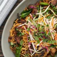 Jeweled Beef · snap peas, spinach, mushrooms, thai basil, yakisoba noodles, spicy chili-soy