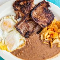 Steak & Eggs · 10 oz top sirloin and two eggs, potatoes, and two tortillas.