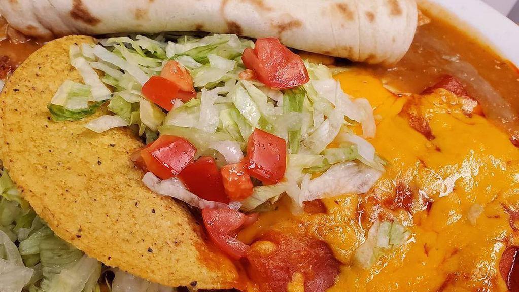 Flour Cheese Enchilada · Beef or chicken with rice and beans onions optional.