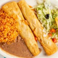 2 Chicken Flautas · Served with guacamole, rice, beans and sour cream.