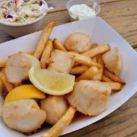 Fried Scallops - 1 Lb · *Based on Market Price* *Lightly Coated & Flash Fried.* Served with Fries, Slaw, & Tartar Sa...