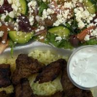 Chicken Souvlaki Plate · Comes with a choice of French Fries or Rice, Greek Salad, Small Side of Tzatziki and Pita Br...