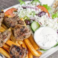 Beef Souvlaki Plate · Comes with a choice of French Fries or Rice, Greek Salad, Small Side of Tzatziki and Pita Br...