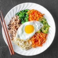Bibimbap (Bee-Beem-Bap) · Sprouts, carrots, rapeseed herb, radish, and zucchinis with your choice of beef, chicken, or...