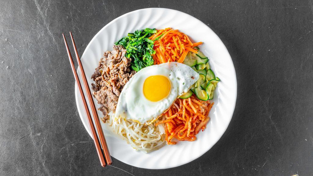 Bibimbap (Bee-Beem-Bap) · Sprouts, carrots, rapeseed herb, radish, and zucchinis with your choice of beef, chicken, or tofu.