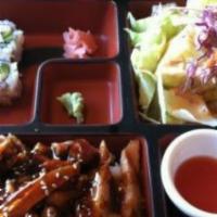 Spicy Chicken Bento · Spicy. BBQ grilled marinated chicken with teriyaki sauce, sesame oil, and our special Korean...