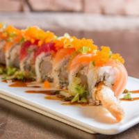 Rattle Snake Roll · Shrimp tempura roll topped with fresh tuna, salmon, scallions and smelt egg. With eel sauce.