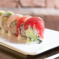 Rainbow Roll · Crab mix inside wrapped in tuna, salmon, shrimp, avocado, albacore and white fish.