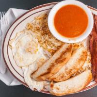 Bacon & Eggs · 2 Eggs, Bacon Strips, Hash Browns With a side of Chile and Tortillas or Toast.