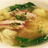 Thai Wonton Soup · Chicken and shrimp wontons, egg noodle, spinach, and fried pork in house special mild broth.