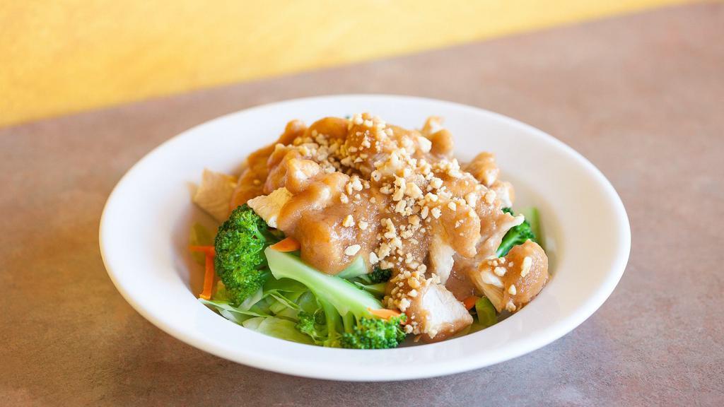 Swimming Angels · Steamed white meat chicken, broccoli, carrots, bok choy, cabbage, spinach topped with warm peanut sauce and ground peanuts.