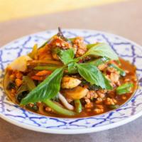 Pad Bai Kraprao · Stir-fried sweet basil leaves, onion, bell pepper, and mushroom with house spicy chili paste.