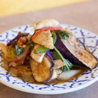 Pad Eggplant · Stir-fried eggplant, onion, bell pepper, and basil leaves with house special mild sauce.