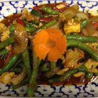 Pad Prik Khing (Green Beans) · Sautéed green beans, sweet basil leaves, bell peppers, and onions with house special prik kh...