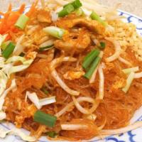 Pad Thai Woon Sen · Glass noodles stir-fried with egg, bean sprouts, green onions, and Pad Thai sauce. Topped wi...