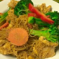 Sen Mee Pad See Ew · Stir-fried Sen Mee (thin-small rice noodles), broccoli, carrot, egg, with black-sweet soy sa...